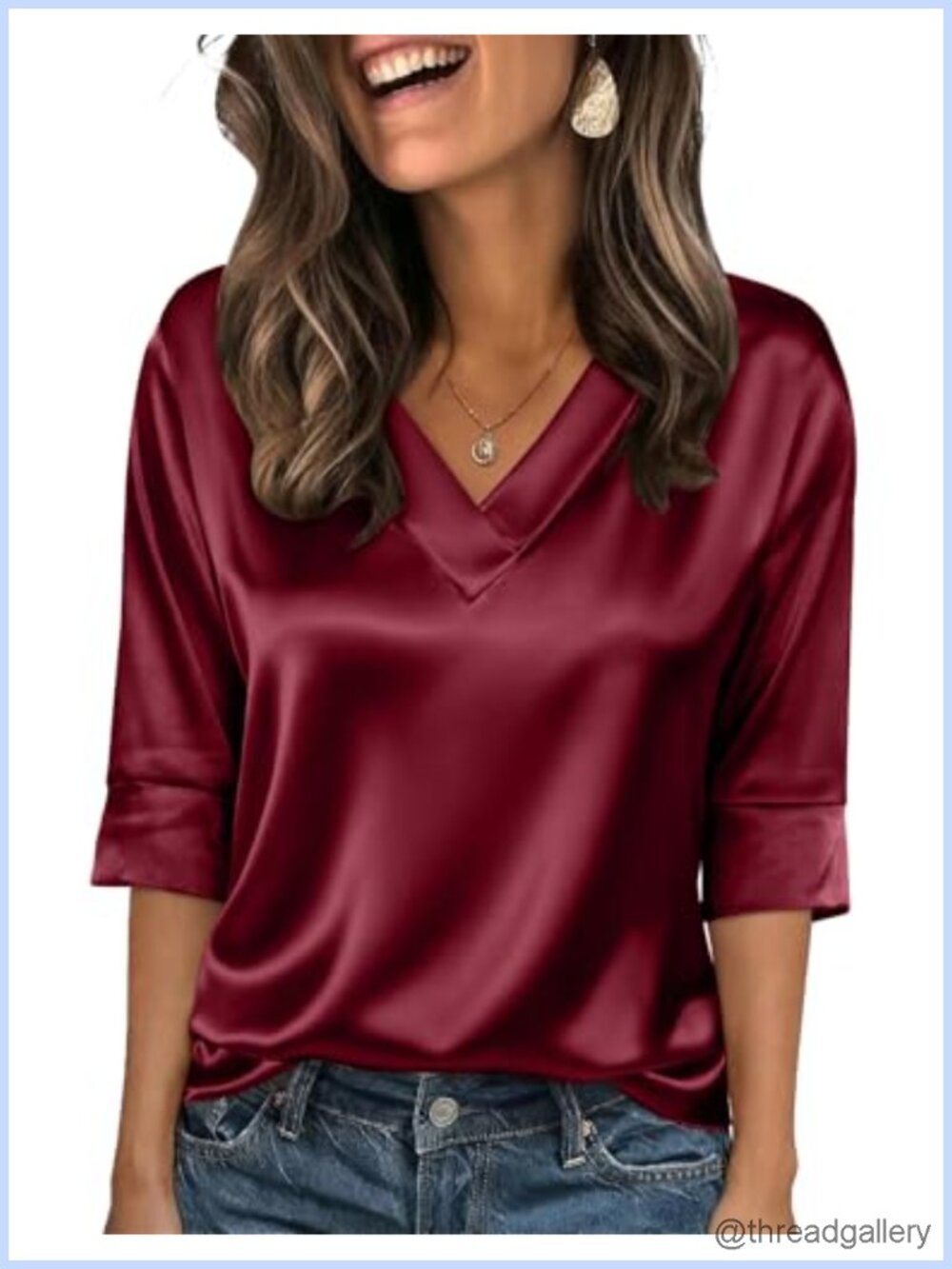Silk Satin 3/4 Sleeve V Neck Blouse Dressy Casual Business Top